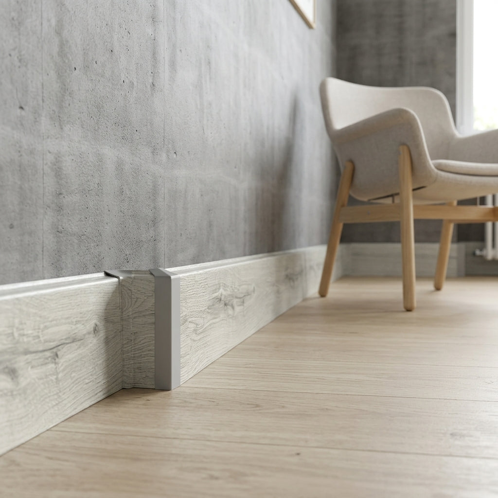 High profile wood effect PVC skirting board with cable cover, 75 mm high – fitted along a wall