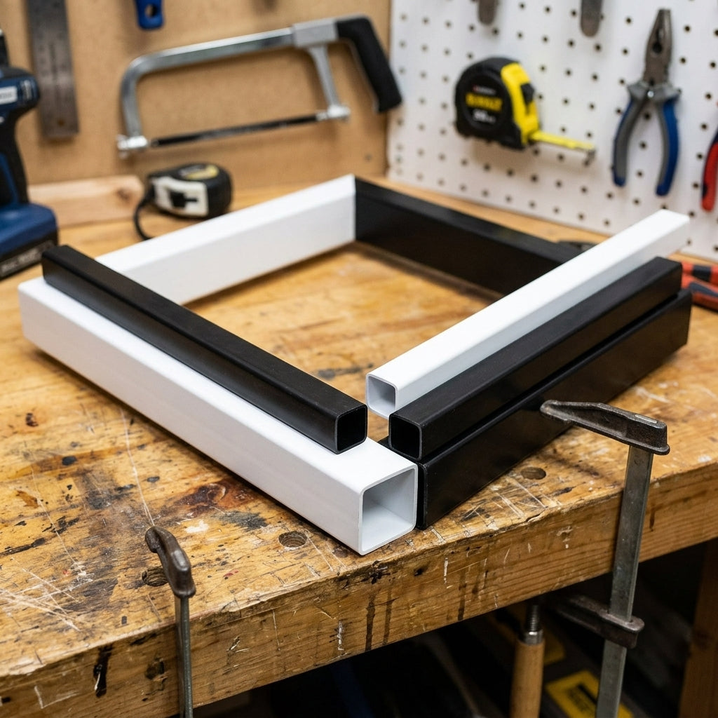 Rigid PVC box section square tube – black and white box sections in a frame on a workbench