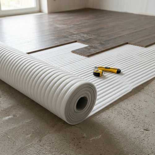 Acoustic underlay roll, 2 mm – white underlay rolled out on a floor