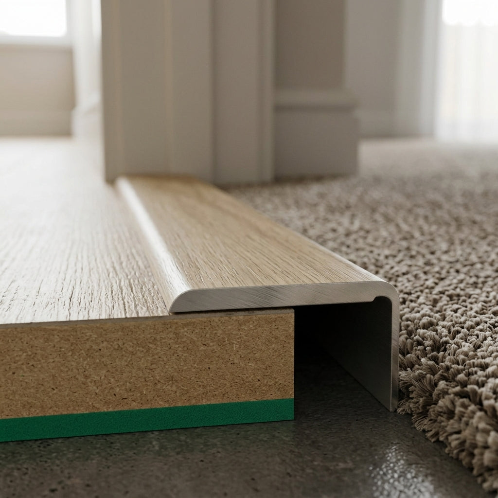 Self-adhesive floor trim edge strip, 25 x 10 mm – wood effect trim fitted along a floor edge next to carpet