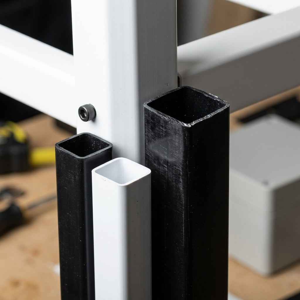 Rigid PVC box section square tube – close-up of black and white box sections
