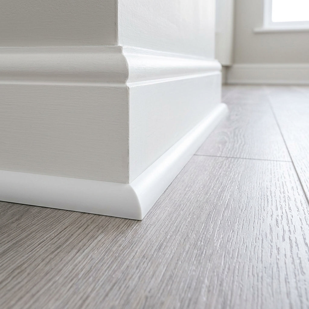 uPVC scotia skirting board trim, 13 mm – white scotia fitted along a skirting board