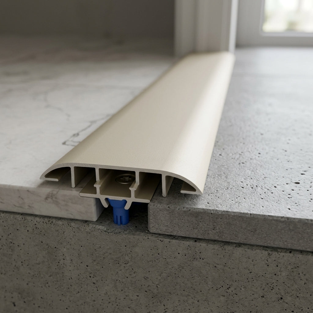 Aluminium door threshold strip, 80 mm wide, invisible mounting – profile view showing the concealed fixing base