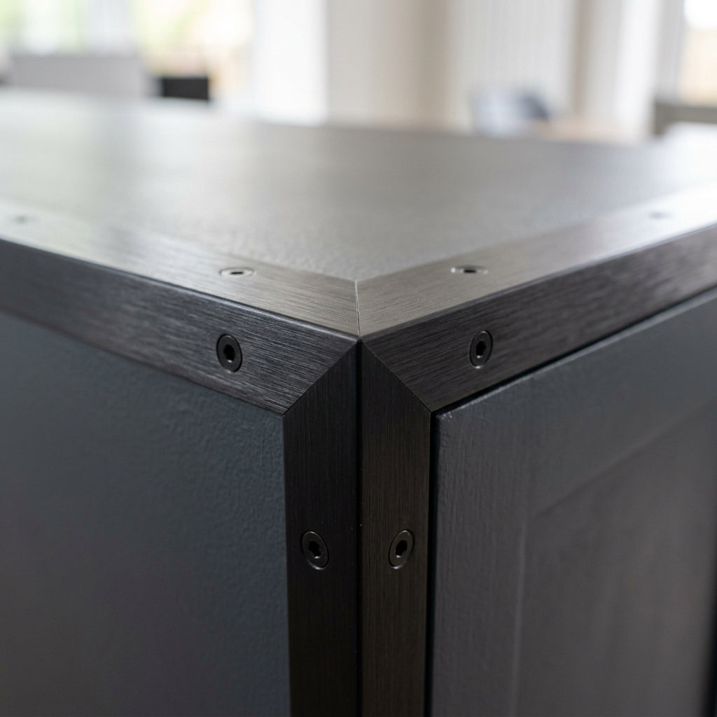 Brushed black aluminium angle trim – fitted on a cabinet corner