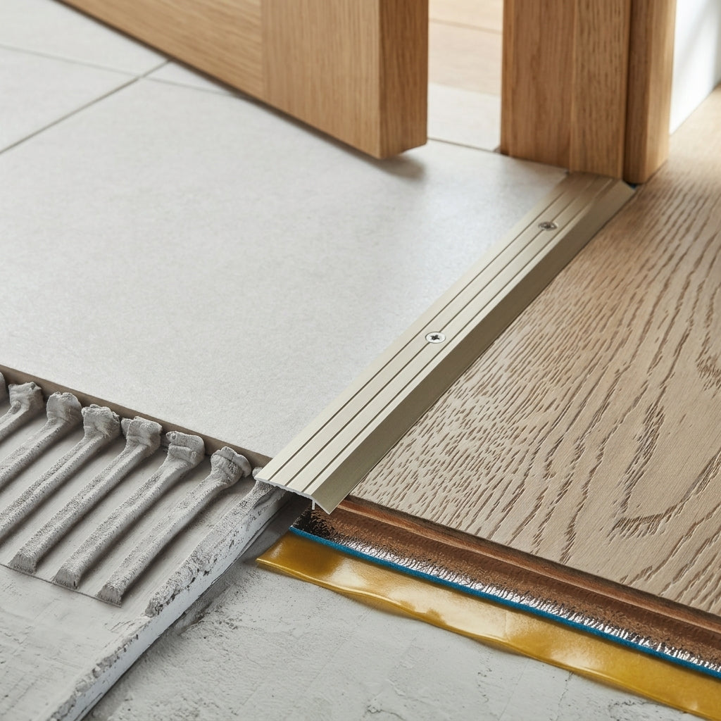Anodised aluminium door threshold ramp strip, 30 mm – fitted in a doorway