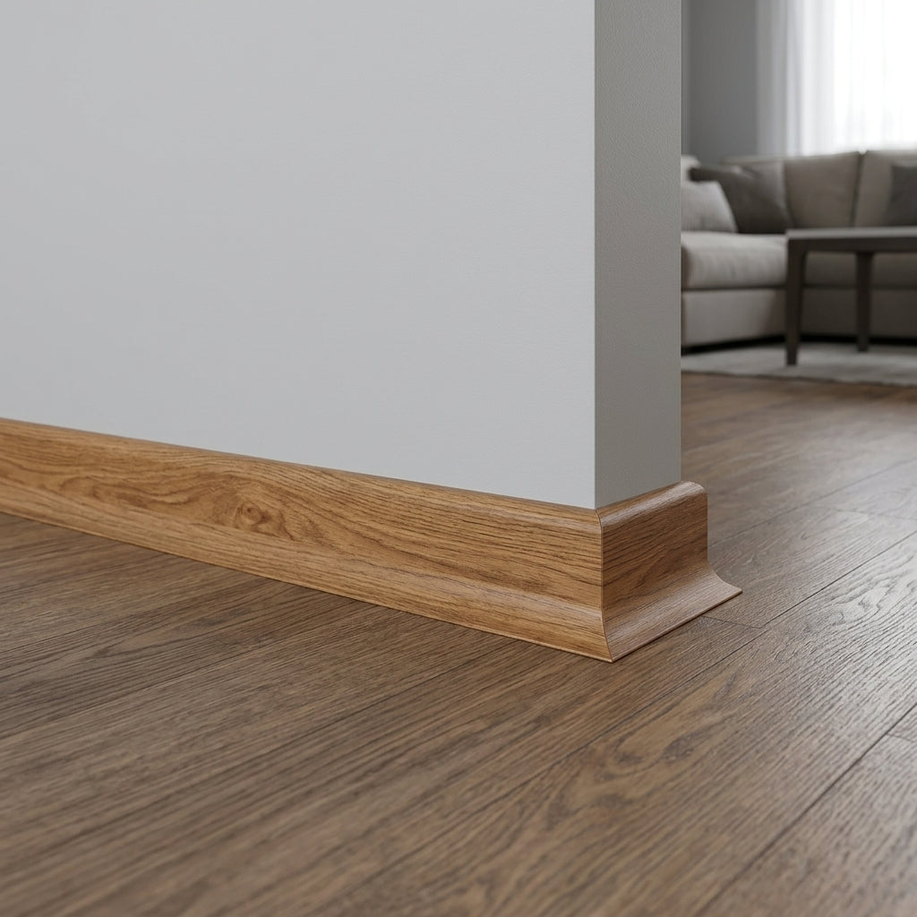 Self-adhesive wood effect PVC skirting board, 50 mm high – fitted along a wall