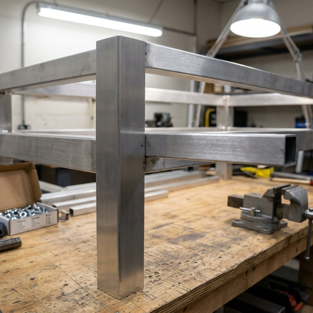 Natural aluminium square tube box section – frame built on a workbench