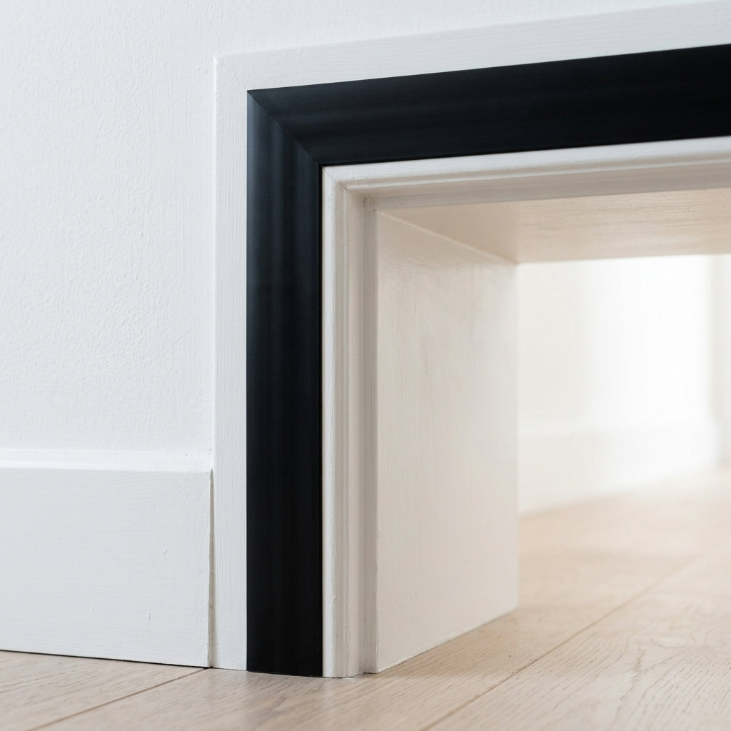 Self-adhesive flexible PVC cover strip – black strip fitted around a door frame