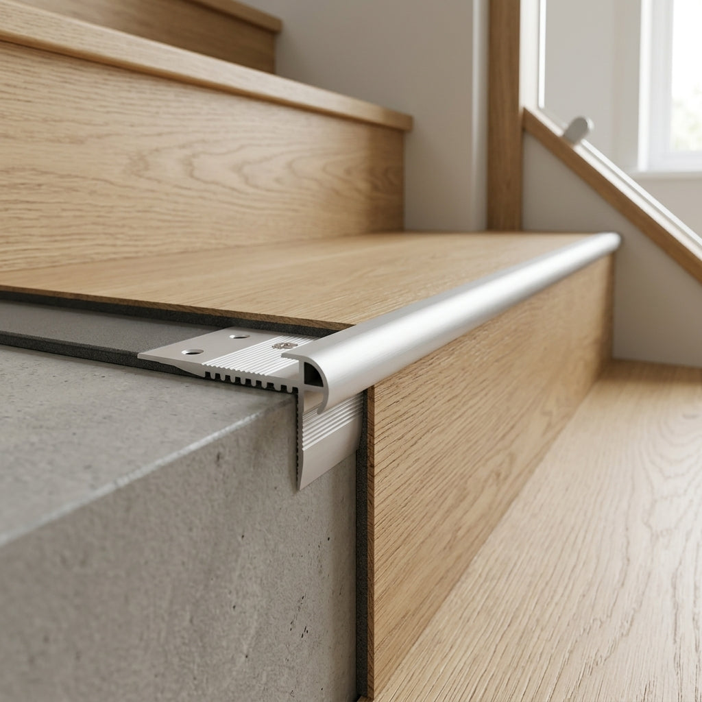 Aluminium outer corner stair nosing for 3 mm LVT, invisible mounting – fitted on an LVT step