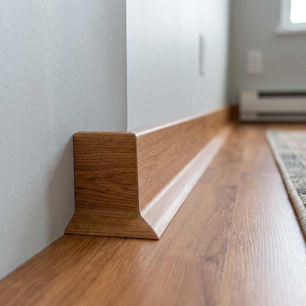 Self-adhesive wood effect PVC skirting board, 50 mm high – close-up of the wood effect skirting at a corner