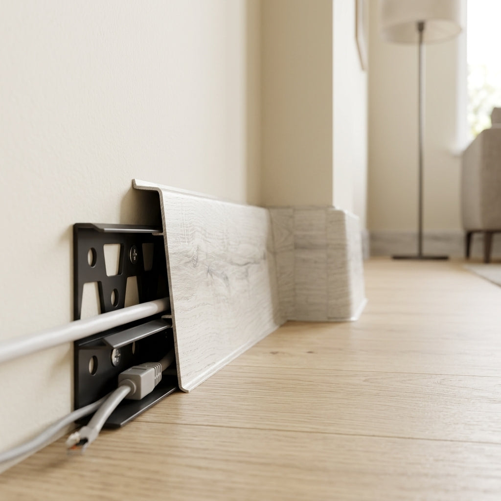 High profile wood effect PVC skirting board with cable cover, 75 mm high – skirting lengths with the cable channel