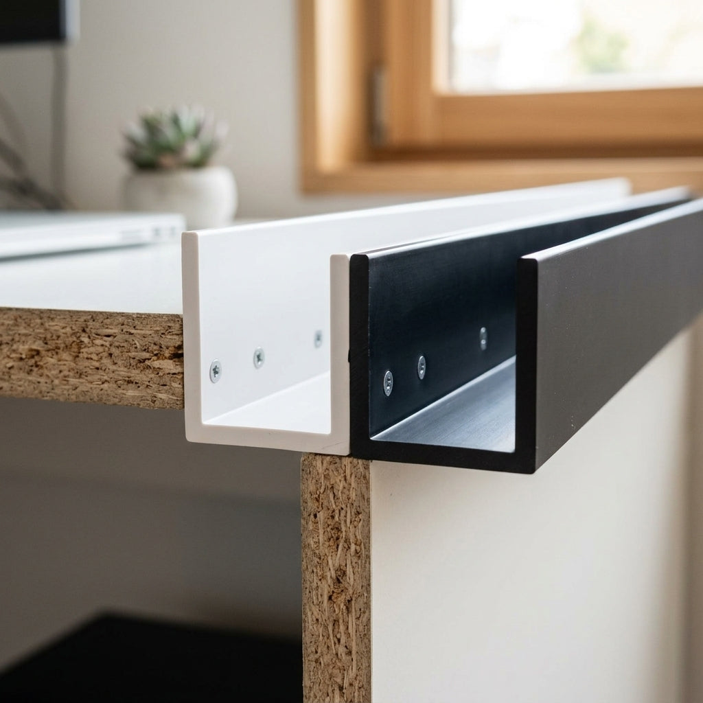 Rigid PVC U channel edge trim, black or white – black U channel fitted on a shelf edge