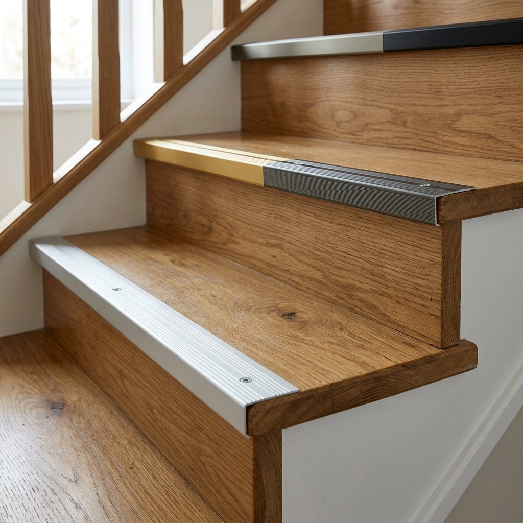 Anodised aluminium grooved stair nosing, 40 x 20 mm – silver and gold nosings fitted on an oak staircase