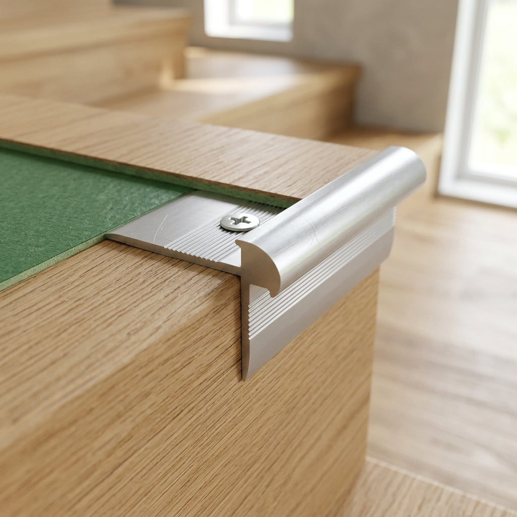 Aluminium outer corner stair nosing profile for 5 mm LVT – close-up of the nosing on a stair edge