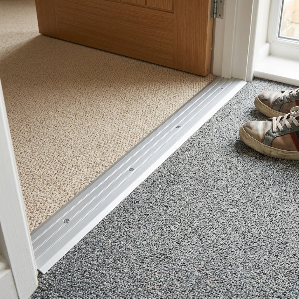 Anodised aluminium flat door threshold strip, 40 mm wide – fitted between carpet and a hard floor