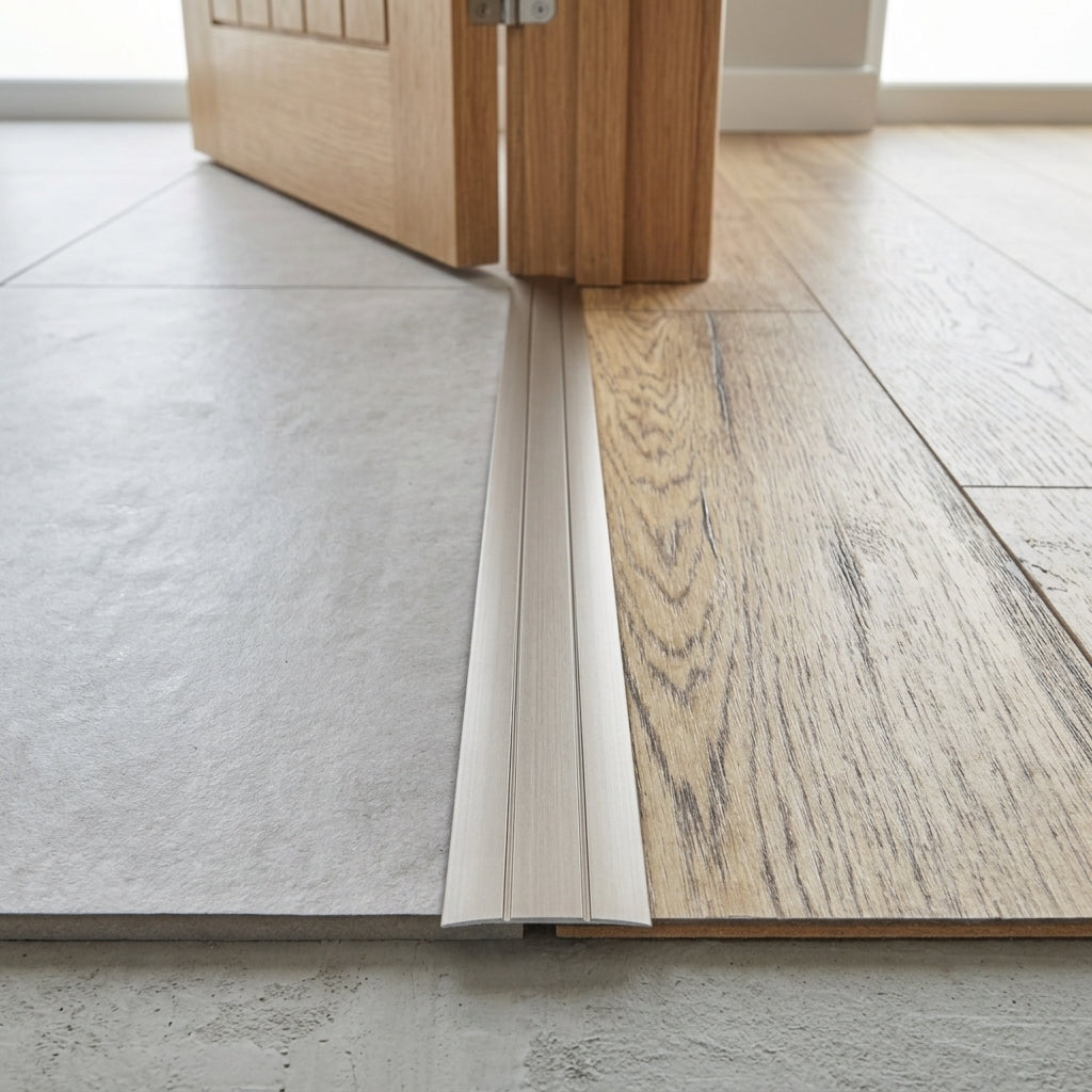 Self-adhesive aluminium door threshold strip, 38 mm x 900 mm – fitted in a doorway between tiles and a wooden floor