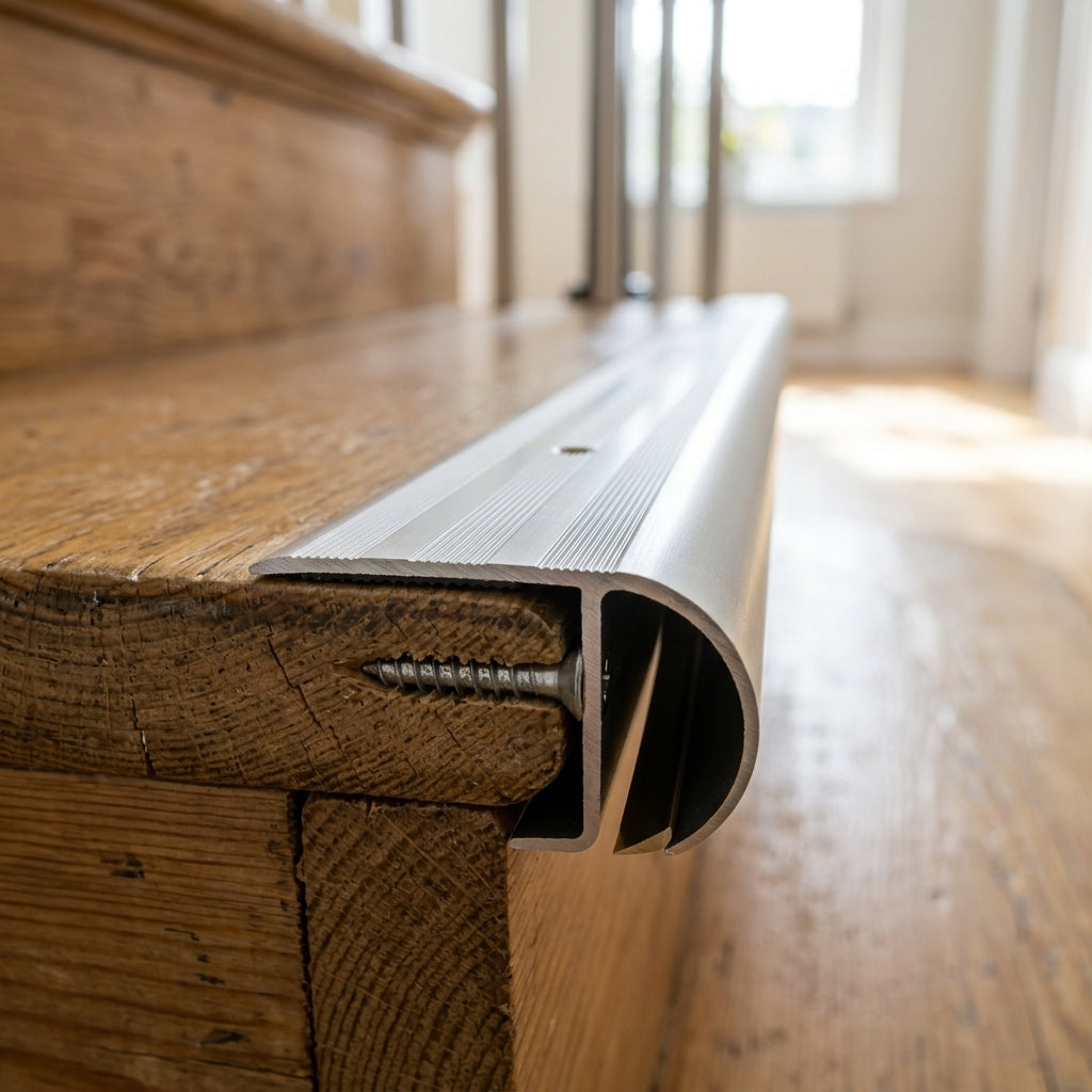 Aluminium bullnose stair nosing, 62 x 38 mm – close-up of a silver bullnose nosing