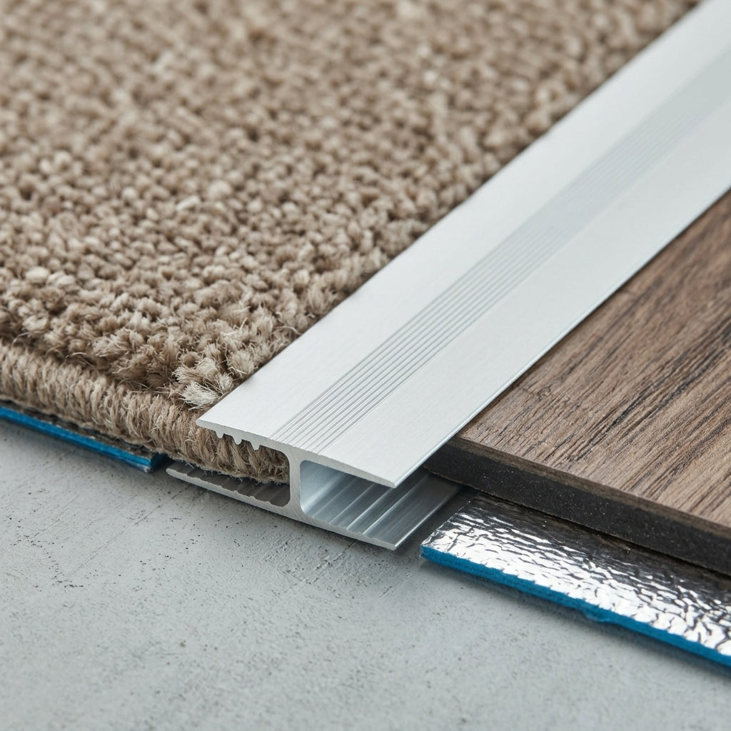 Anodised aluminium twin grip connection profile, 8 mm – close-up joining carpet to laminate
