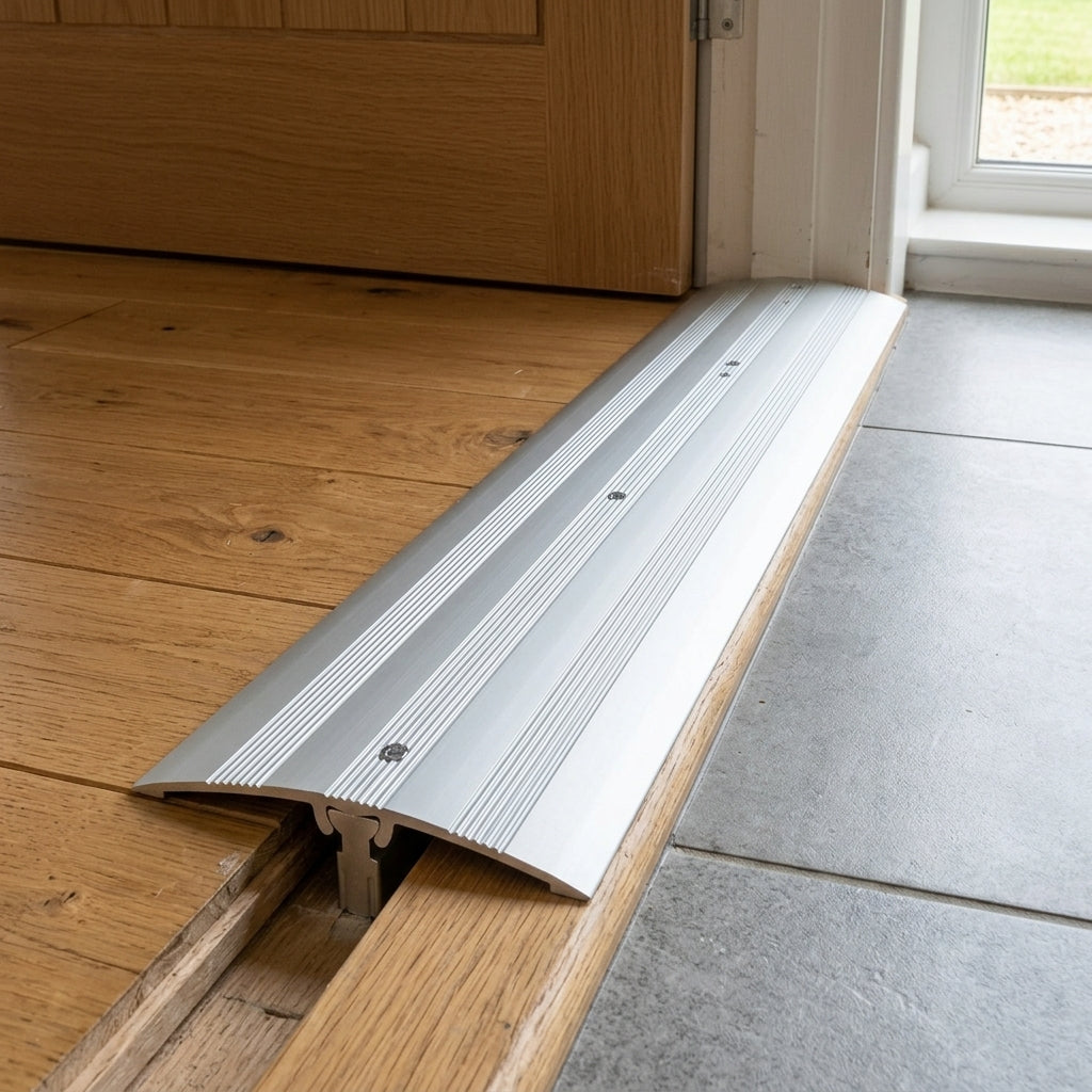 Aluminium door threshold strip with dowel fixing, 47 mm wide – fitted between two wooden floors in a doorway