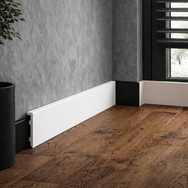 Hybrid PVC Skirting Board – 80 mm High x 15 mm Thick – 2200 mm (86.61 in) Length – White, Black & Cashmere