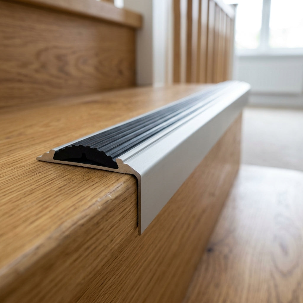 Anodised aluminium stair nosing with rubber insert, 46 x 30 mm – close-up of the anti-slip rubber insert on the stair edge