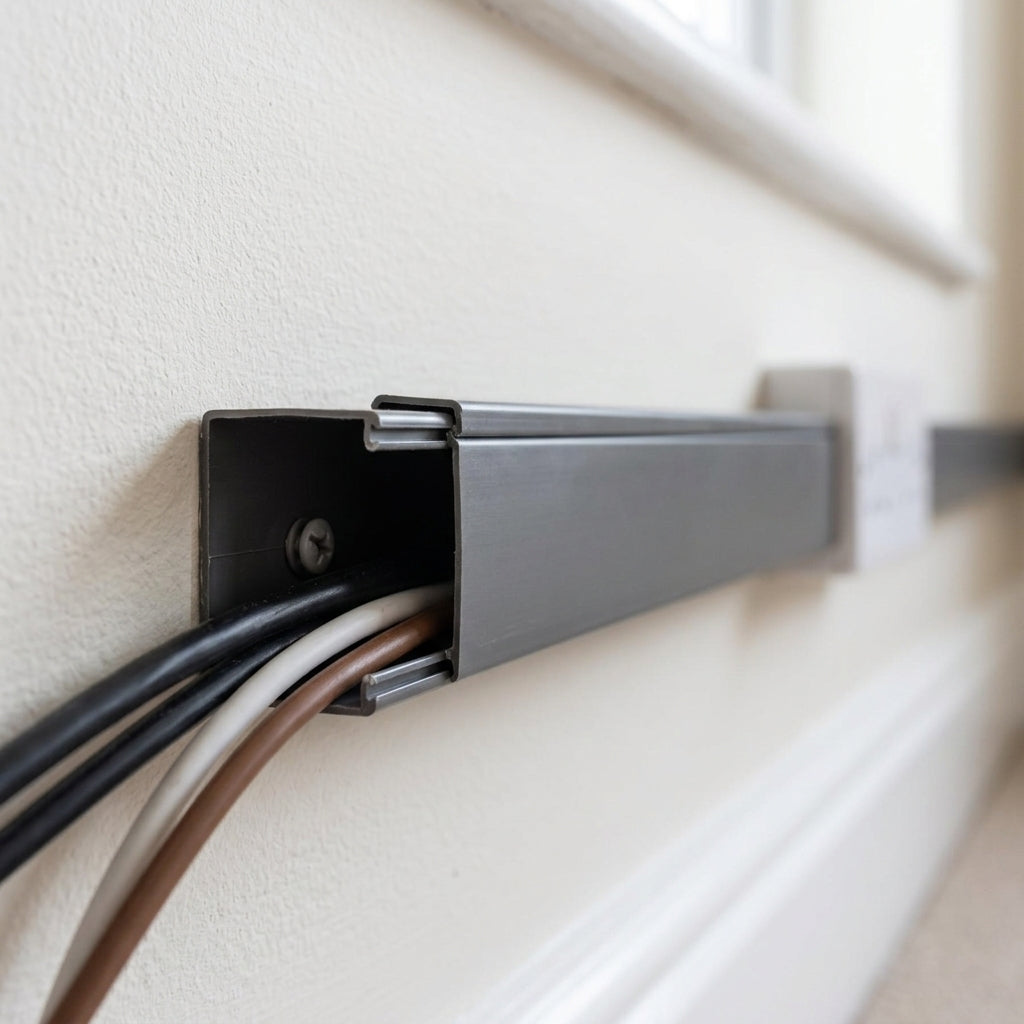 Black mini PVC cable trunking – trunking holding cables