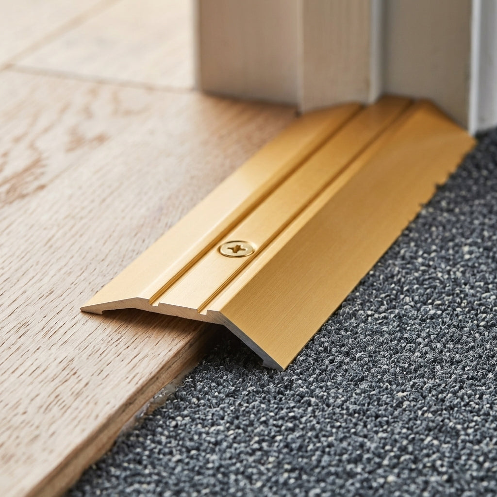 Aluminium floor ramp threshold strip, 45 x 16 mm – close-up of the gold ramp strip