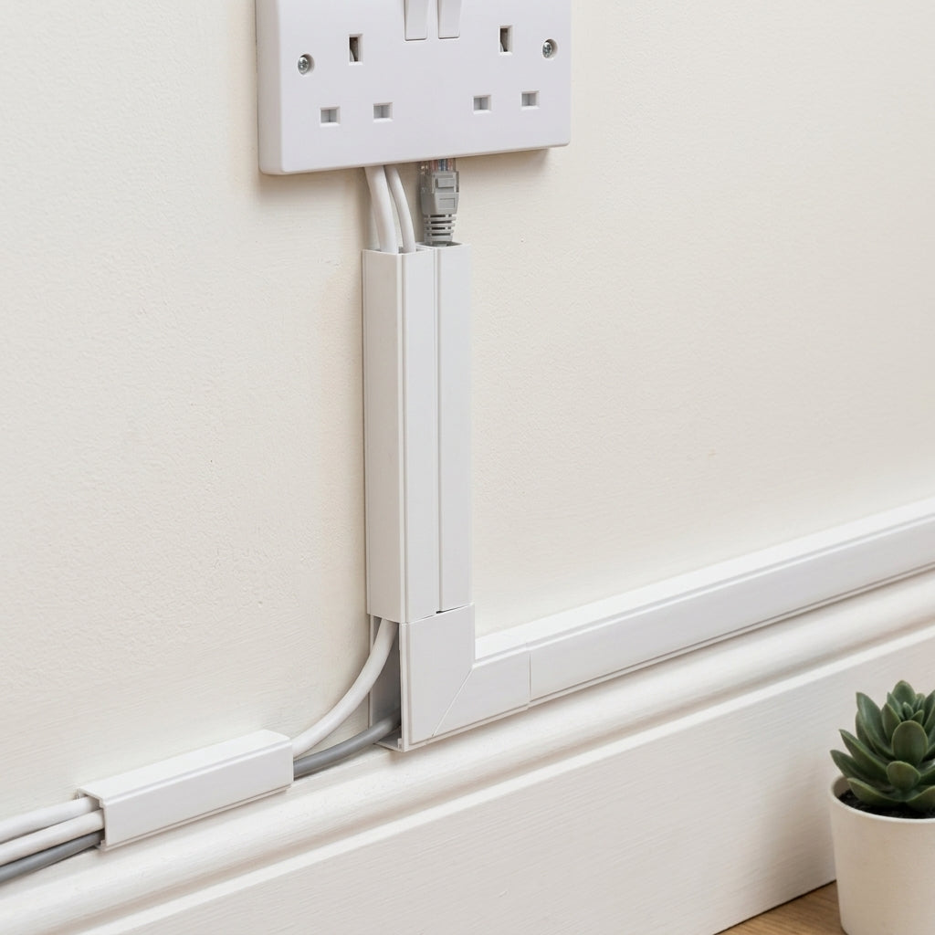 Self-adhesive white mini cable trunking – fitted on a wall leading to a socket