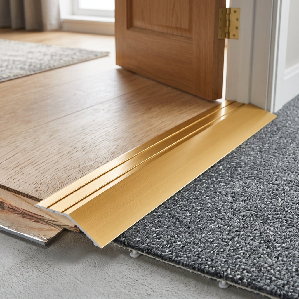 Self-adhesive aluminium ramp door threshold strip, 40 x 9 mm – gold ramp strip fitted in a doorway next to carpet