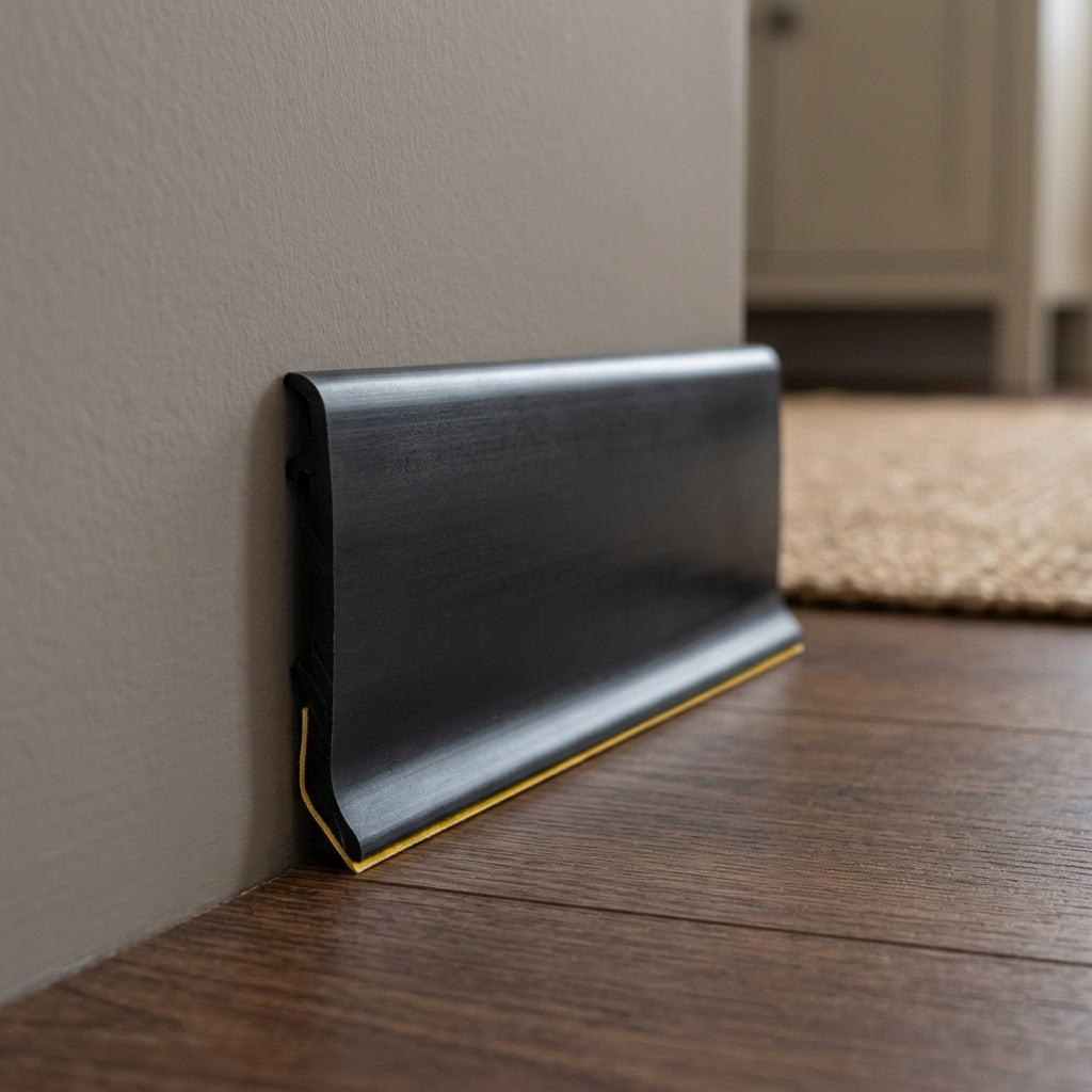Self-adhesive flexible PVC skirting board, 50 mm high – close-up of the black skirting