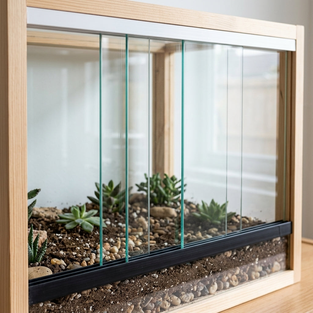 Vivarium glass runner track for 4 mm or 6 mm glass – fitted on a vivarium with sliding glass doors