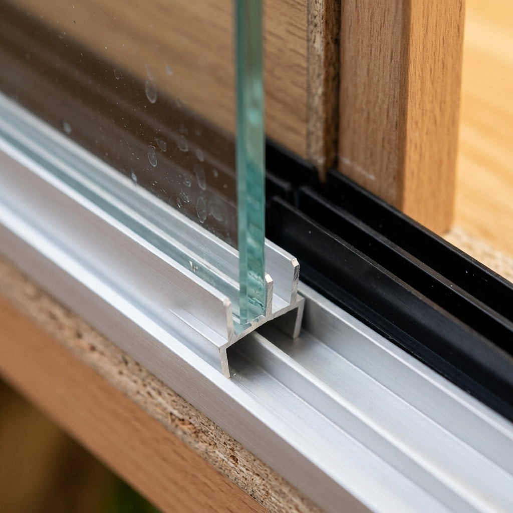 Clip-on vivarium glass runner track for 4 mm glass – close-up of the track clipped onto a board edge