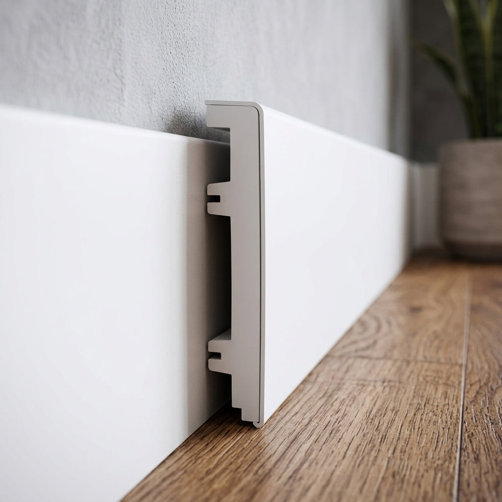 Hybrid PVC skirting board, 80 mm high – close-up of the skirting profile