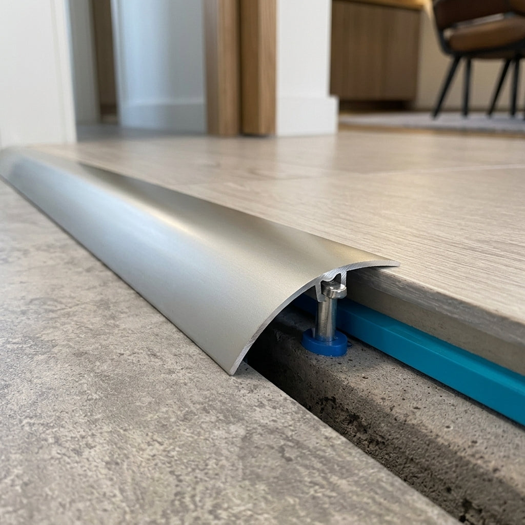 Push-in anodised aluminium door threshold strip, 30, 40 and 50 mm wide – close-up of the push-in strip over a floor joint