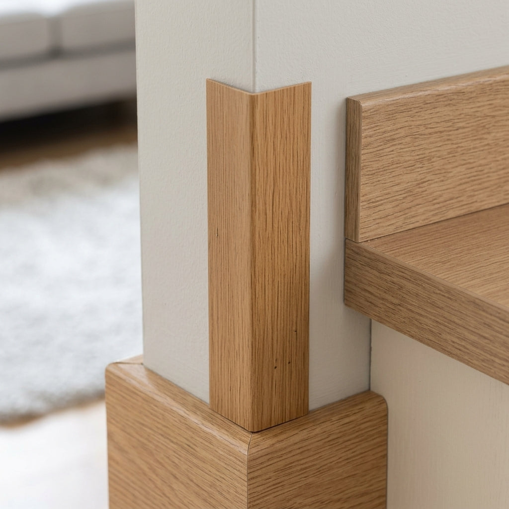 Wood effect PVC corner angle trim, 1 m – fitted on a cabinet corner