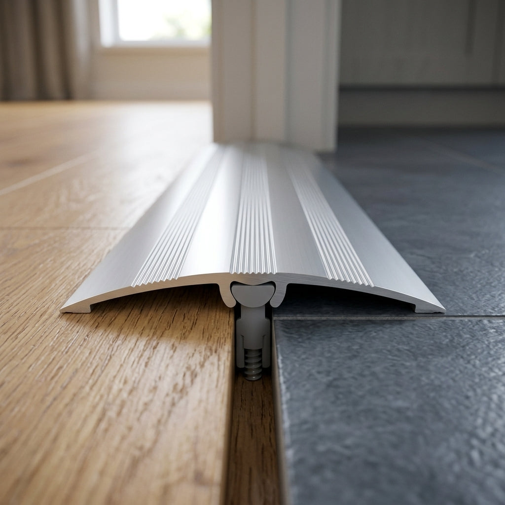 Aluminium door threshold strip with dowel fixing, 47 mm wide – profile view showing the dowel fixing