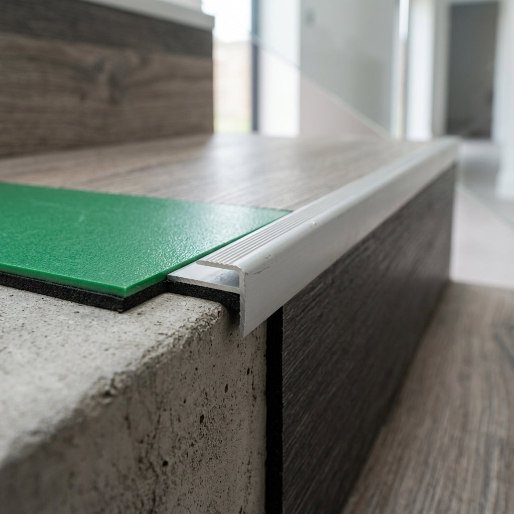 Aluminium outer corner stair nosing for 3 mm LVT – close-up of the profile with LVT flooring